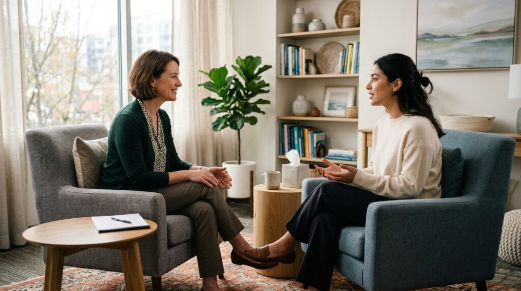 Professional psychologist or counselor having a supportive c
