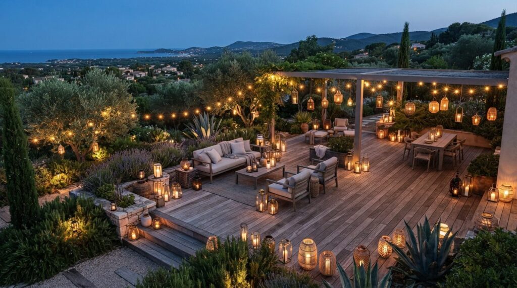 Wide overhead shot of minimalist modern terrace with curated