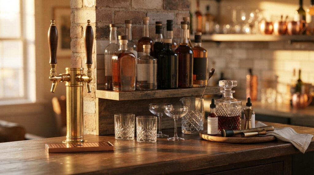 Close-up detail shot of a stylish home bar counter displayin
