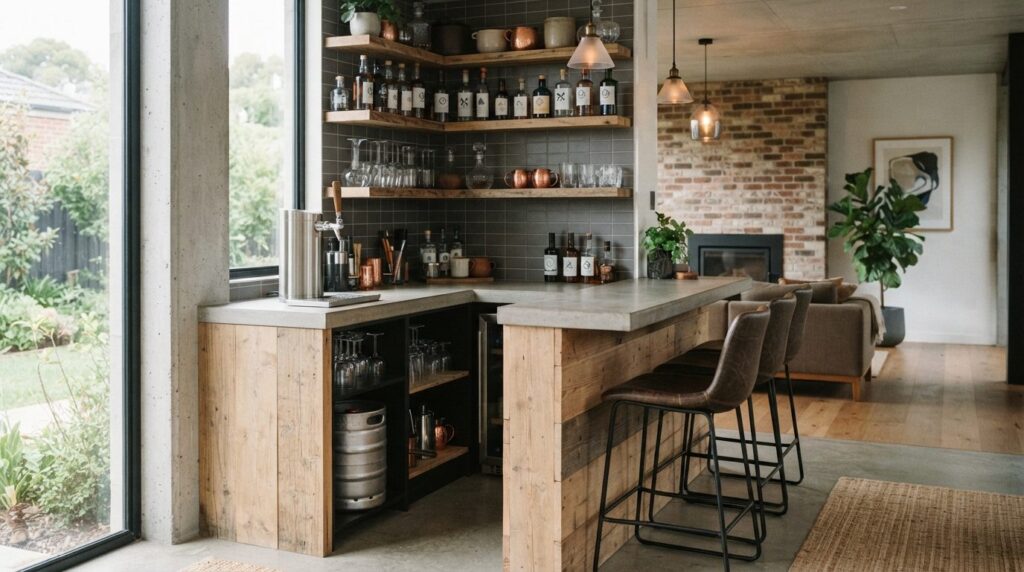 Wide angle view of a contemporary home bar corner in a moder