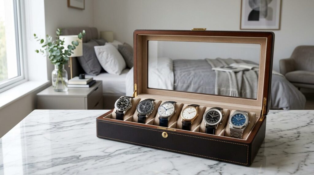 Elegant open watch box display on marble surface showing 6 m