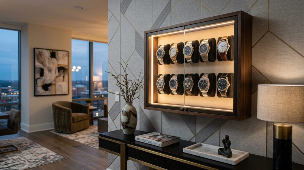Modern watch wall display case in luxury apartment, glass-fr