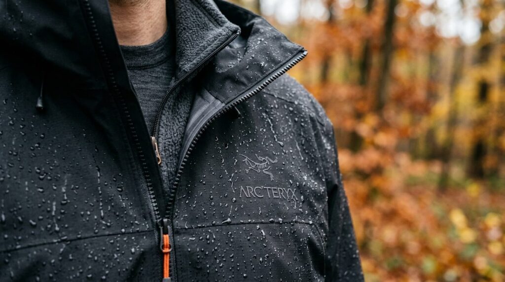 Close-up detail shot of a black technical shell jacket fabri