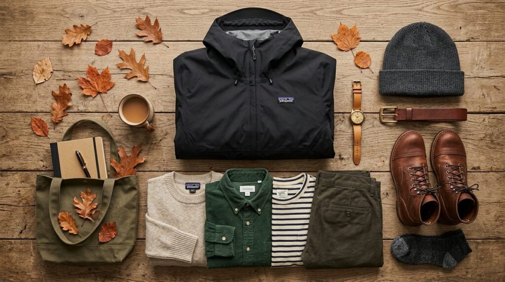 Overhead flat lay composition of autumn transition wardrobe 