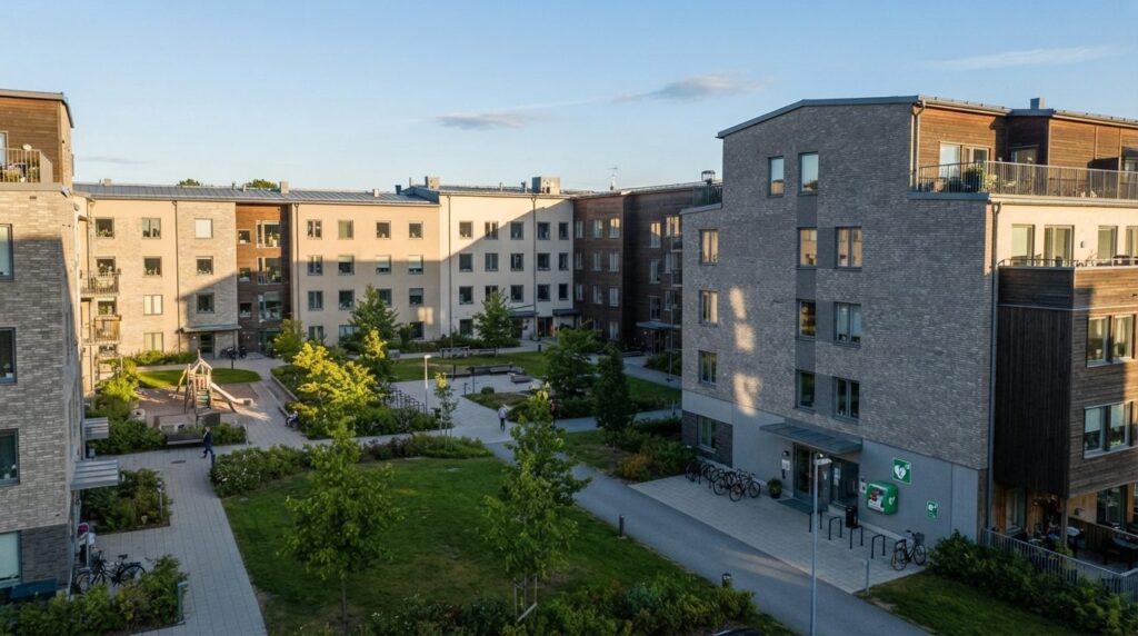 Aerial view of a residential community courtyard with multip